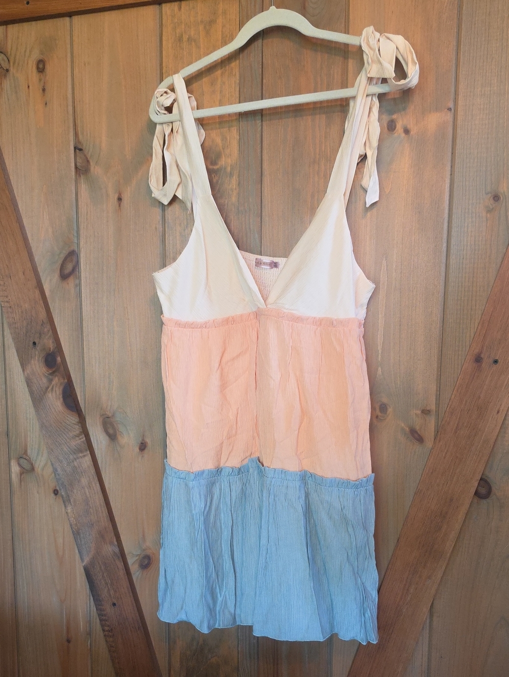 Sleeveless Tiered Tie-Shoulder Summer Shirt/Mini Dress Cream, Peach & Light Blue